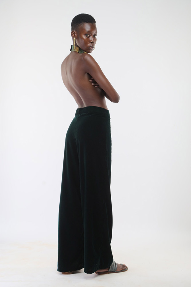 Dark emerald green velvet jacket and dark emerald velvet wide leg